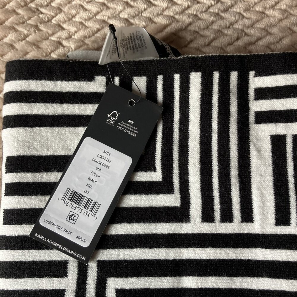 NWT Karl Lagerfeld Art Deco Scarf, Size 72" x 14" - Black/White, Tags $68. - Picture 2 of 5